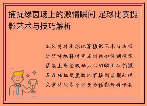 捕捉绿茵场上的激情瞬间 足球比赛摄影艺术与技巧解析