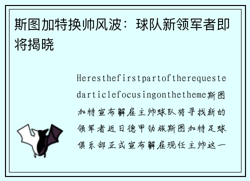 斯图加特换帅风波：球队新领军者即将揭晓