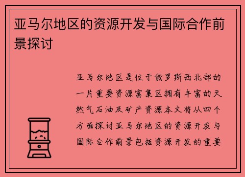 亚马尔地区的资源开发与国际合作前景探讨