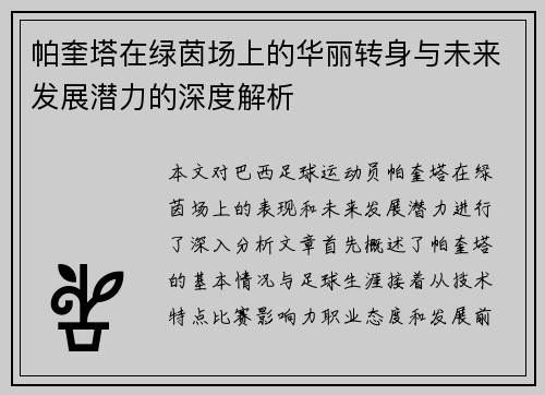 帕奎塔在绿茵场上的华丽转身与未来发展潜力的深度解析